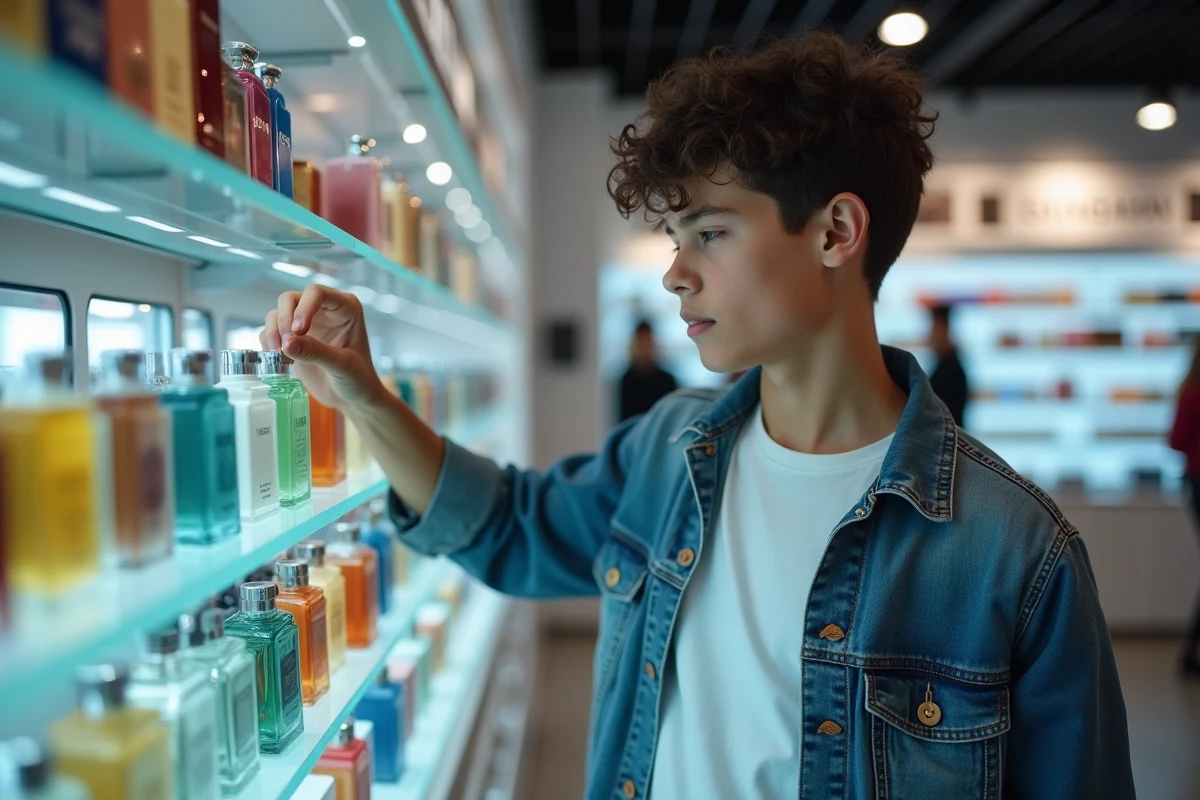 Jeune homme choisissant un parfum devant un rayon de boutique spécialisée