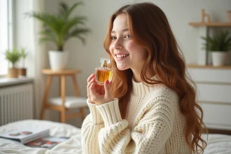 Adolescente découvrant son premier parfum dans une chambre minimaliste et cosy