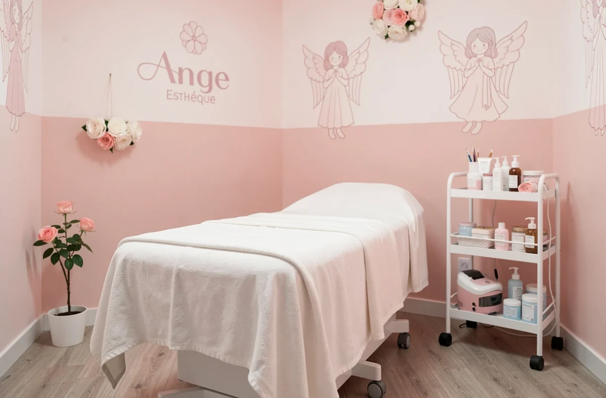 Cabine de soin rose et blanche d'Ange Esthétique à Marseille avec table capitonnée et décor fleuri