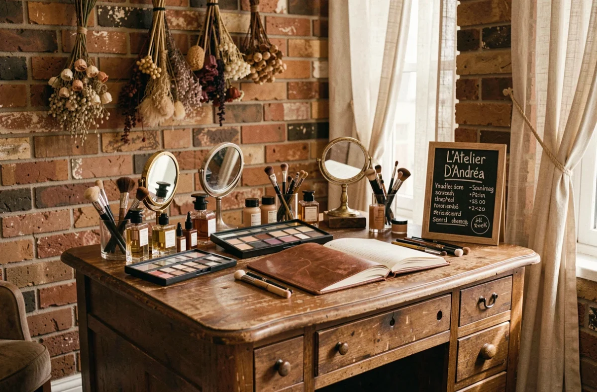 Atelier de beauté artisanal de L'Atelier D'Andréa à Marseille avec coiffeuse vintage et palettes de maquillage