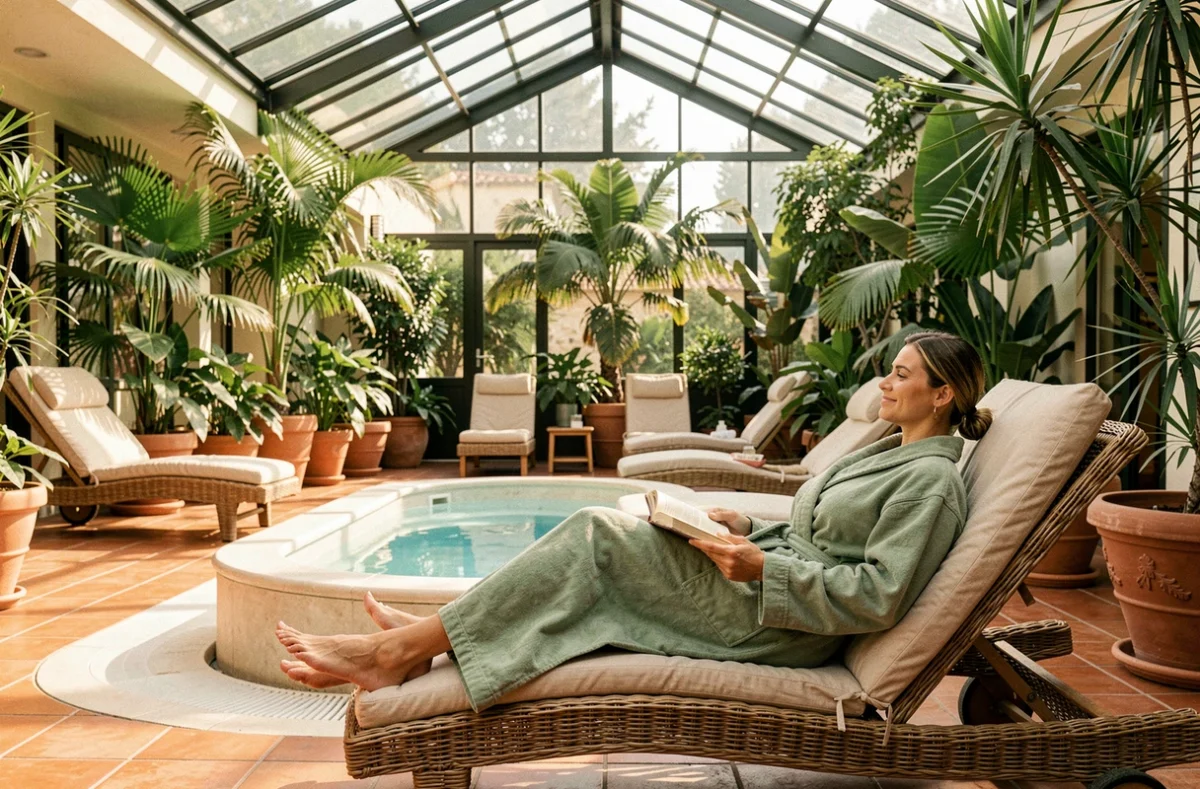 Espace spa sous verrière de l'Atrium Spa à Mâcon avec plantes tropicales, plongeoir chauffé et salon de repos