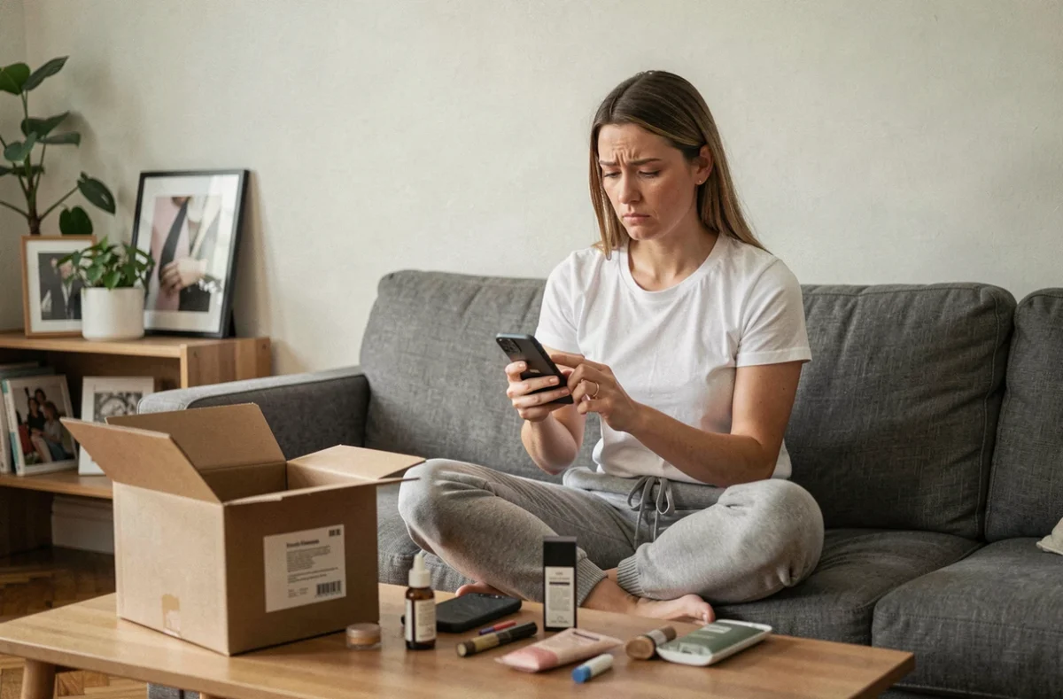 Femme rédigeant un avis négatif sur sa commande Primor depuis son canapé, produits éparpillés sur la table
