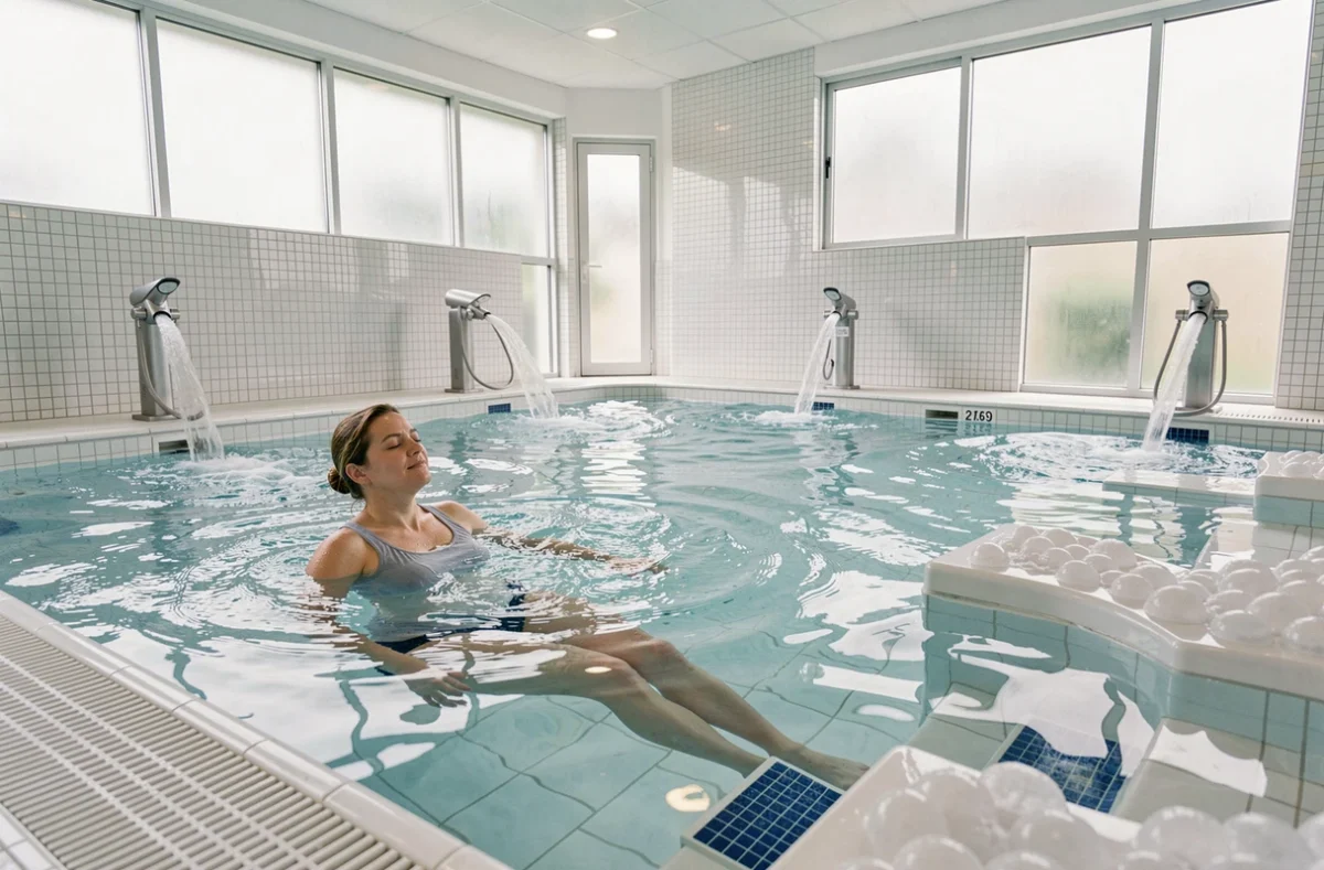 Espace balnéothérapie de Balneïs Auxerre avec bassin à jets et mosaïque blanche et bleue