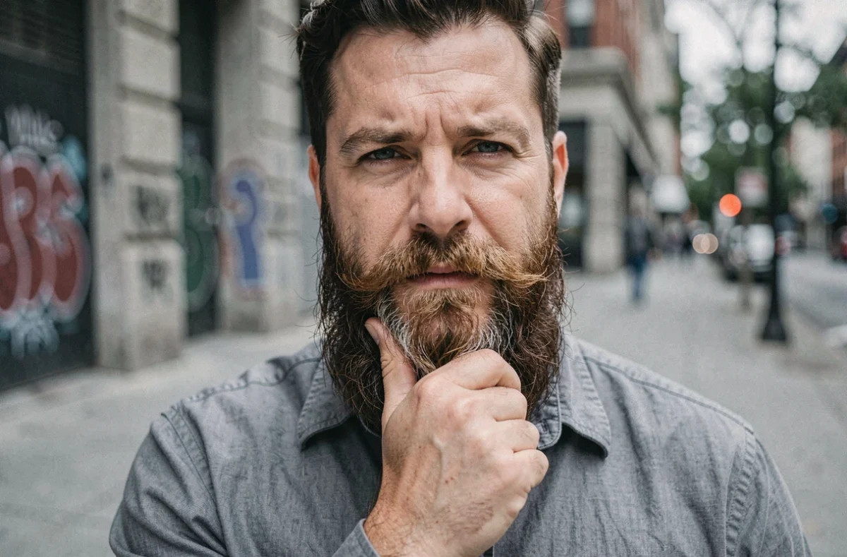 Homme avec une barbe longue et volumineuse adaptée à un visage carré, en plein air dans un cadre urbain