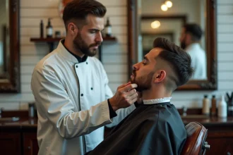 Barbier examinant attentivement la peau sensible et atopique du cou d'un client avant une coupe en salon de coiffure traditionnel