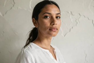 Portrait éditorial d'une femme aux traits naturels et diversifiés illustrant le concept de beauté universelle