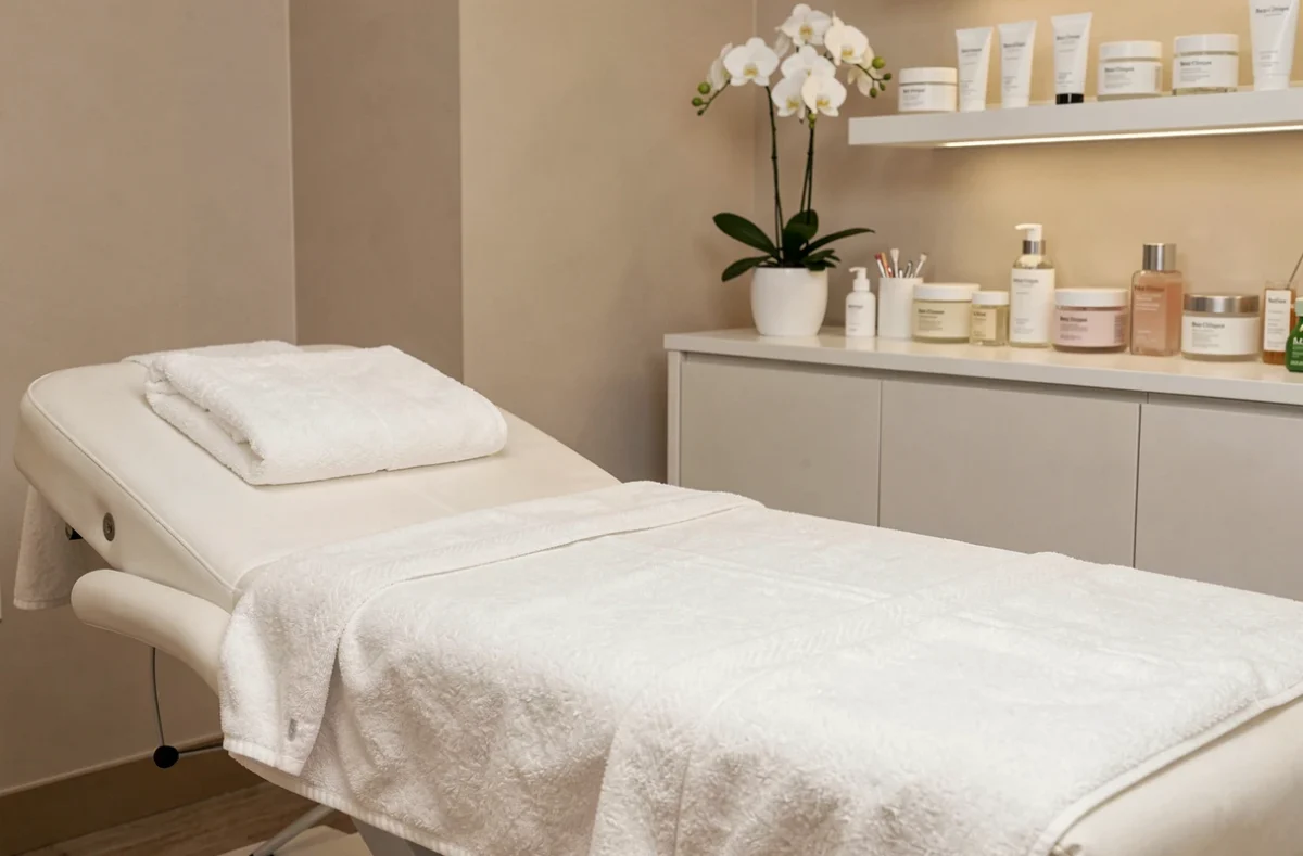 Salle de soin épurée de Beige Clinique avec table de traitement et produits cosmétiques professionnels