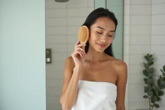 Femme utilisant une brosse massante sur le cuir chevelu sous la douche dans une salle de bain moderne