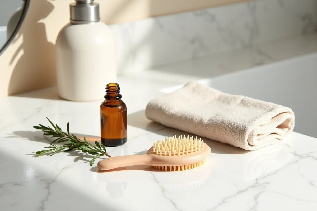 Brosse massante pour cheveux et huile capillaire posées sur un plan de travail en marbre blanc dans une salle de bain