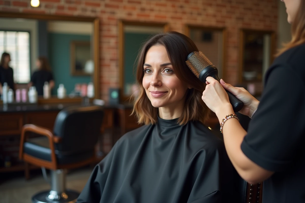 Coiffeuse utilisant une brosse ronde pour donner du volume à des cheveux fins en salon