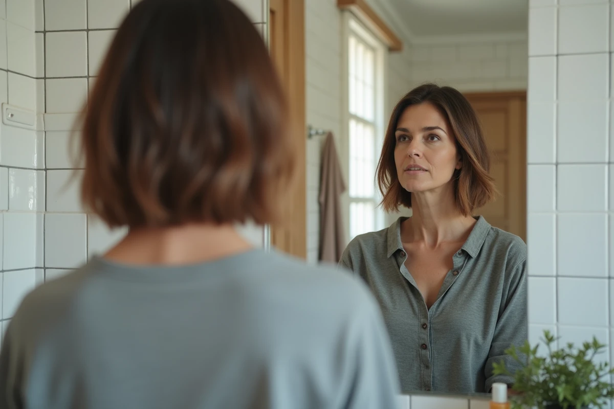 Femme d'âge mûr avec un carré asymétrique affinant le visage rond devant un miroir de salle de bain