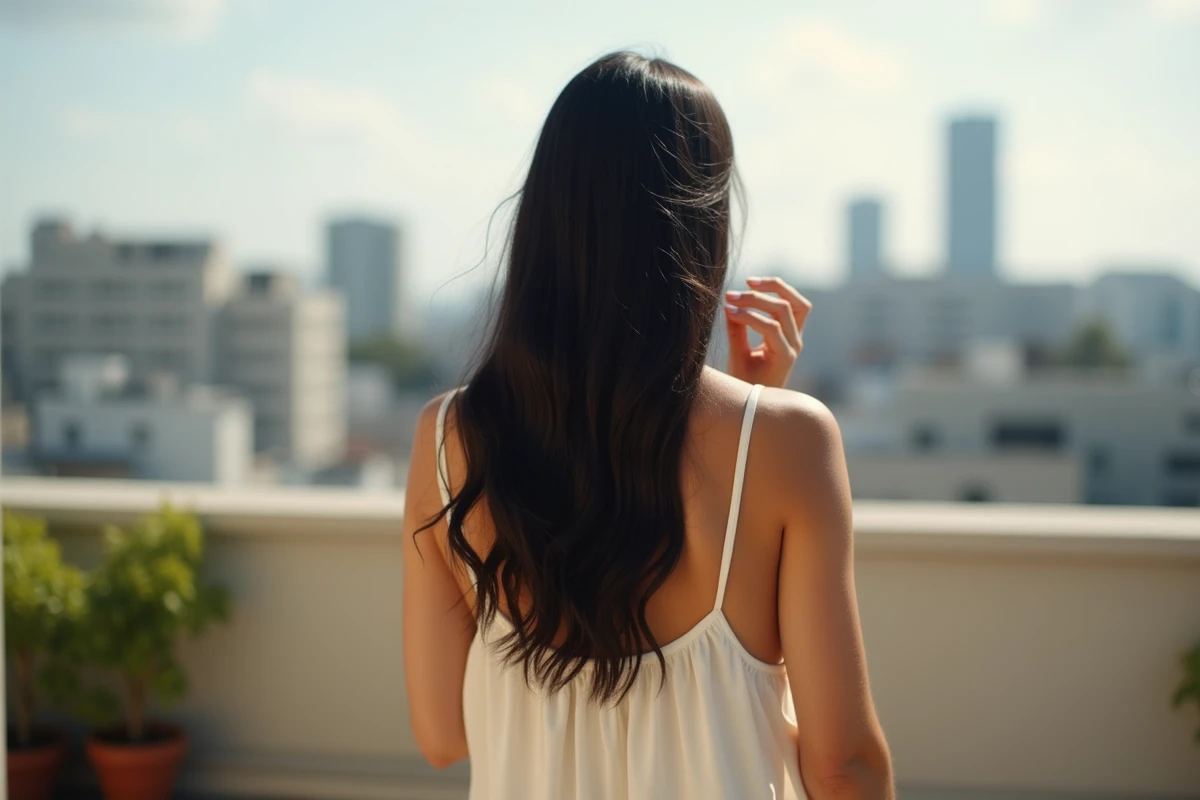 Femme de dos sur un balcon urbain avec de longs cheveux noirs naturels atteignant le bas du dos