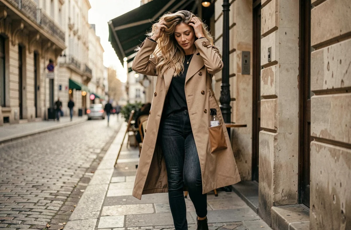 Femme aux cheveux ondulés et volumineux marchant dans une rue pavée avec un spray sea salt dans son sac