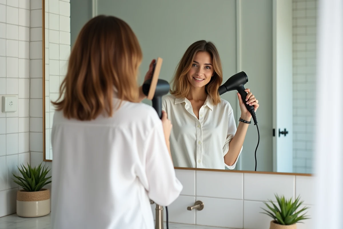 Femme se coiffant les cheveux en carré mi-long avec un brushing à la maison devant un miroir de salle de bain, illustrant le style quotidien de la tendance lob