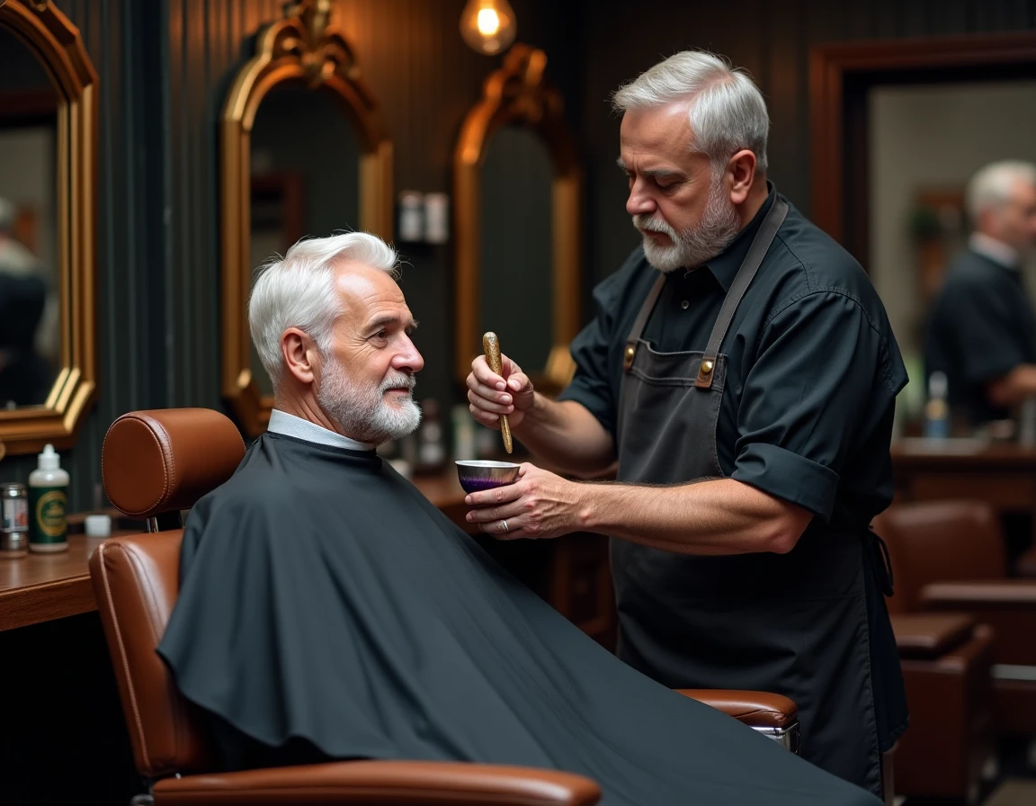 Coiffeur appliquant un soin colorant violet sur les cheveux blancs d'un homme dans un salon de coiffure traditionnel