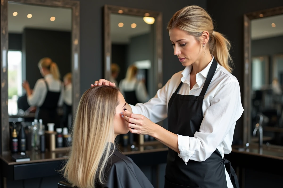 Coiffeuse professionnelle inspectant les cheveux abîmés et le cuir chevelu d'une cliente dans un salon de coiffure moderne