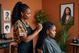 Coiffeuse professionnelle réalisant des tresses africaines sur une cliente dans un salon de coiffure afro spécialisé