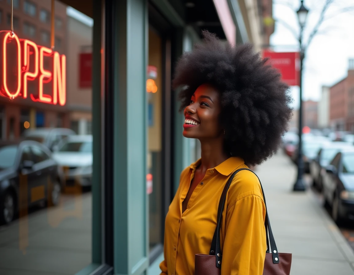 Femme afro devant un salon de coiffure ouvert le dimanche dans un quartier urbain