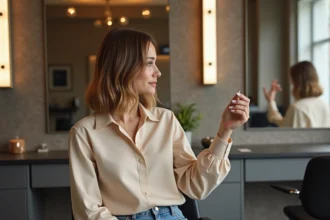 Femme avec carré plongeant dans un salon moderne