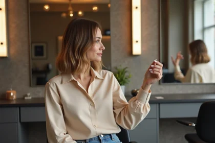 Femme avec carré plongeant dans un salon moderne