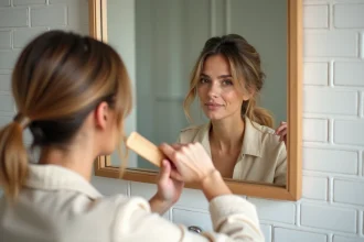 Femme aux cheveux fins se coiffant devant un miroir dans une salle de bain scandinave