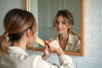 Femme aux cheveux fins se coiffant devant un miroir dans une salle de bain scandinave