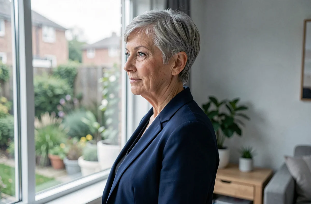 Femme de 70 ans aux cheveux gris fins et courts en coupe pixie structurée portant un blazer marine dans un appartement moderne