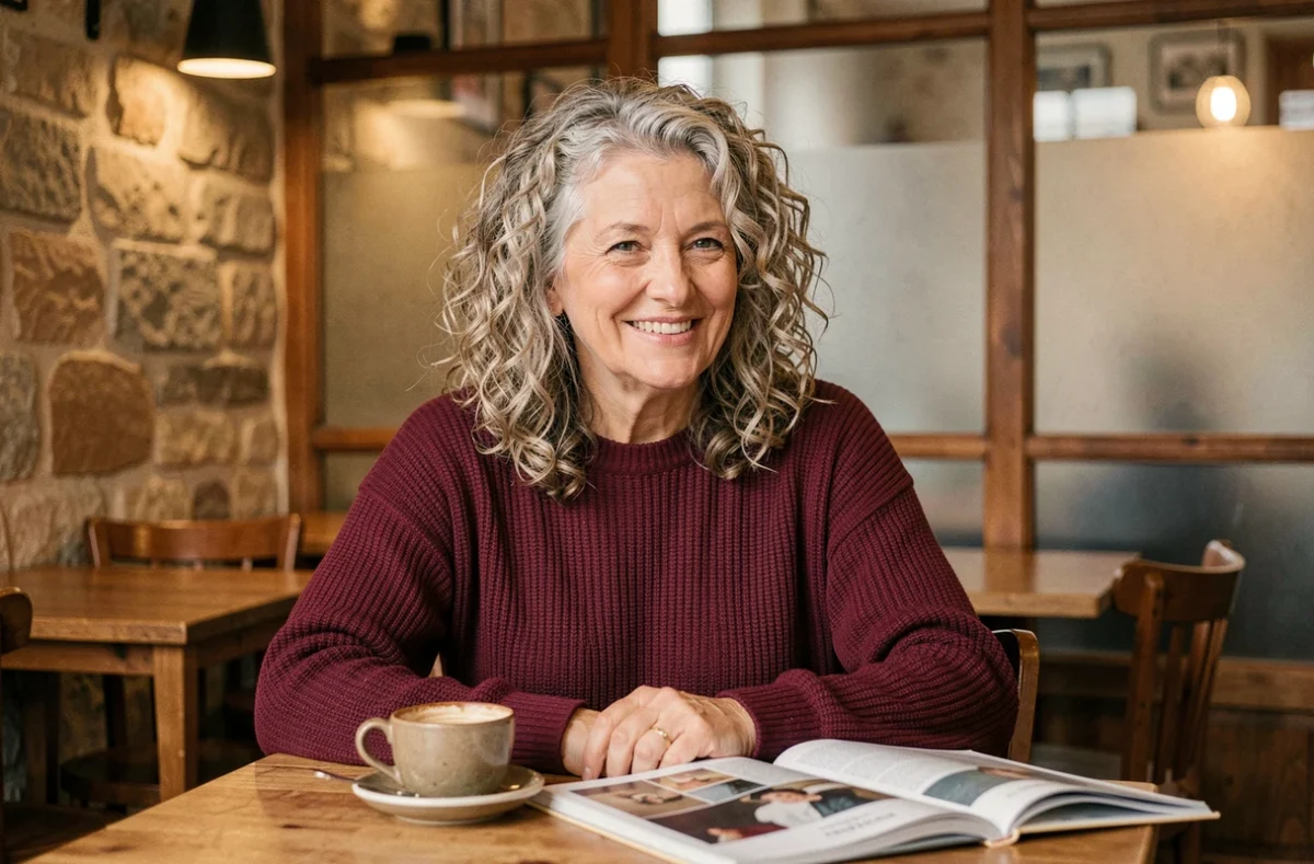 Femme de 70 ans aux cheveux frisés épais sel et poivre coiffés naturellement dans un café bistro avec tasse de café