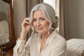 Femme de 70 ans avec cheveux blancs ondulés coiffés en chignon élégant devant un miroir de coiffeuse en bois