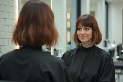 Femme aux cheveux fins et visage rond avec une coupe au carré volumisé dans un salon de coiffure moderne