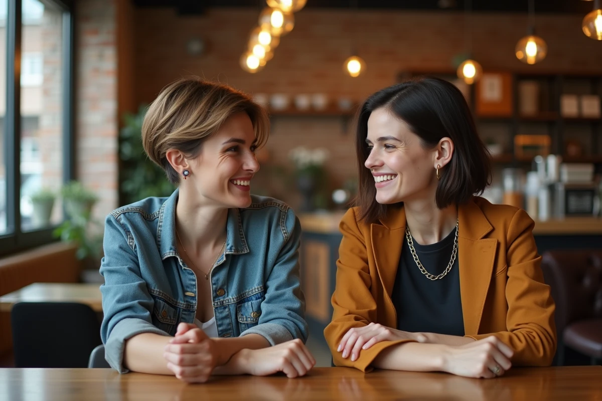 Deux femmes aux visages ronds avec différentes coupes de cheveux adaptées aux cheveux fins, assises dans un café urbain