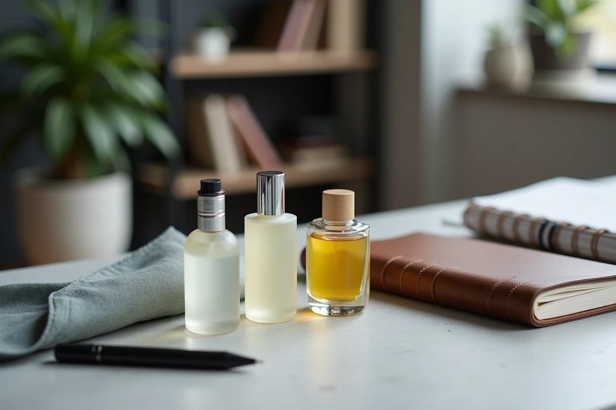 Collection de flacons de parfum abordables style dupe sur un bureau en béton avec carnet en cuir, pour illustrer les alternatives parfum homme au bureau