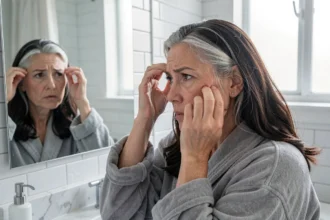 Femme d'une cinquantaine d'années examinant ses racines blanches dans un miroir de salle de bain