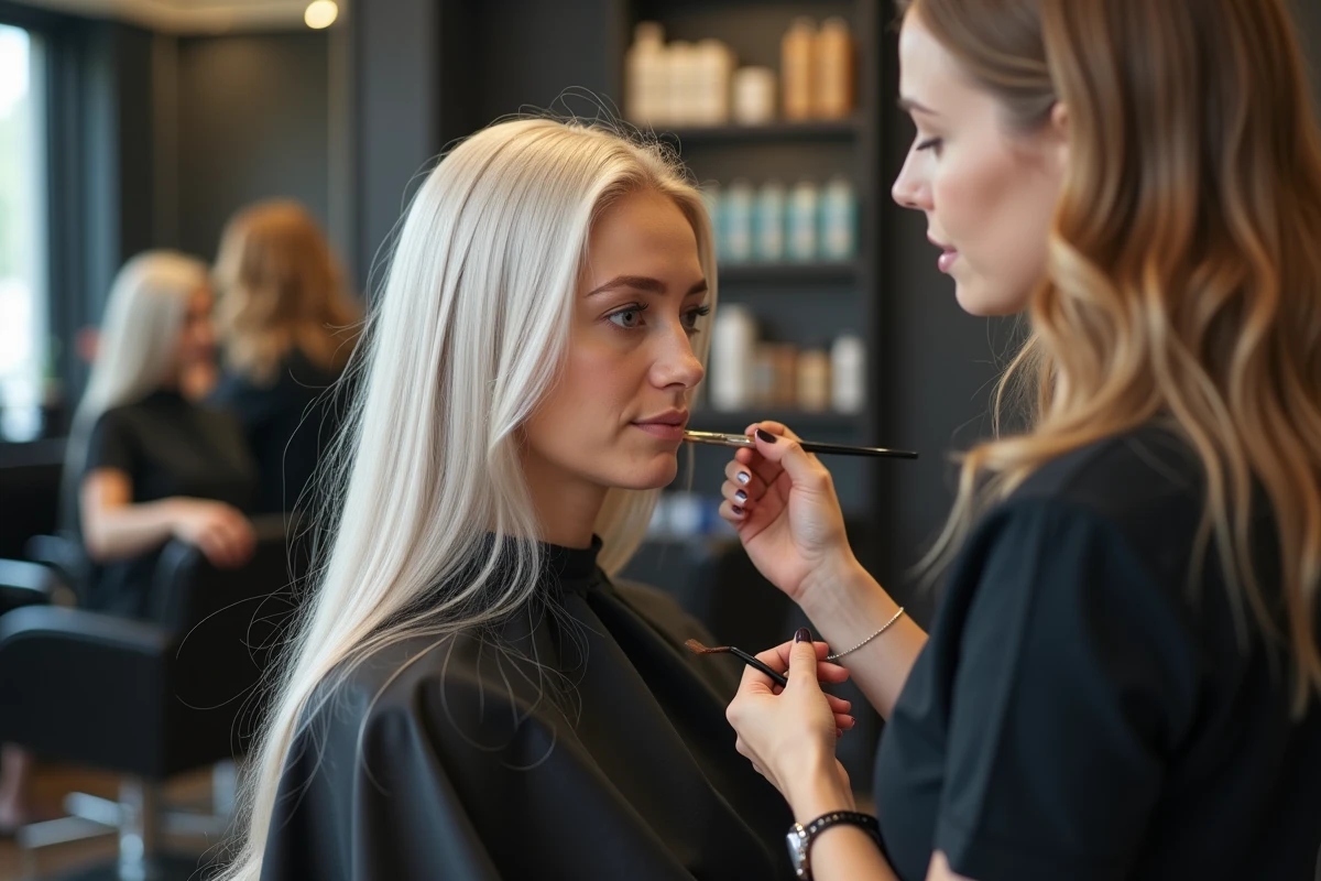 Coiffeuse appliquant une coloration sur les racines blanches d'une jeune femme en salon de coiffure