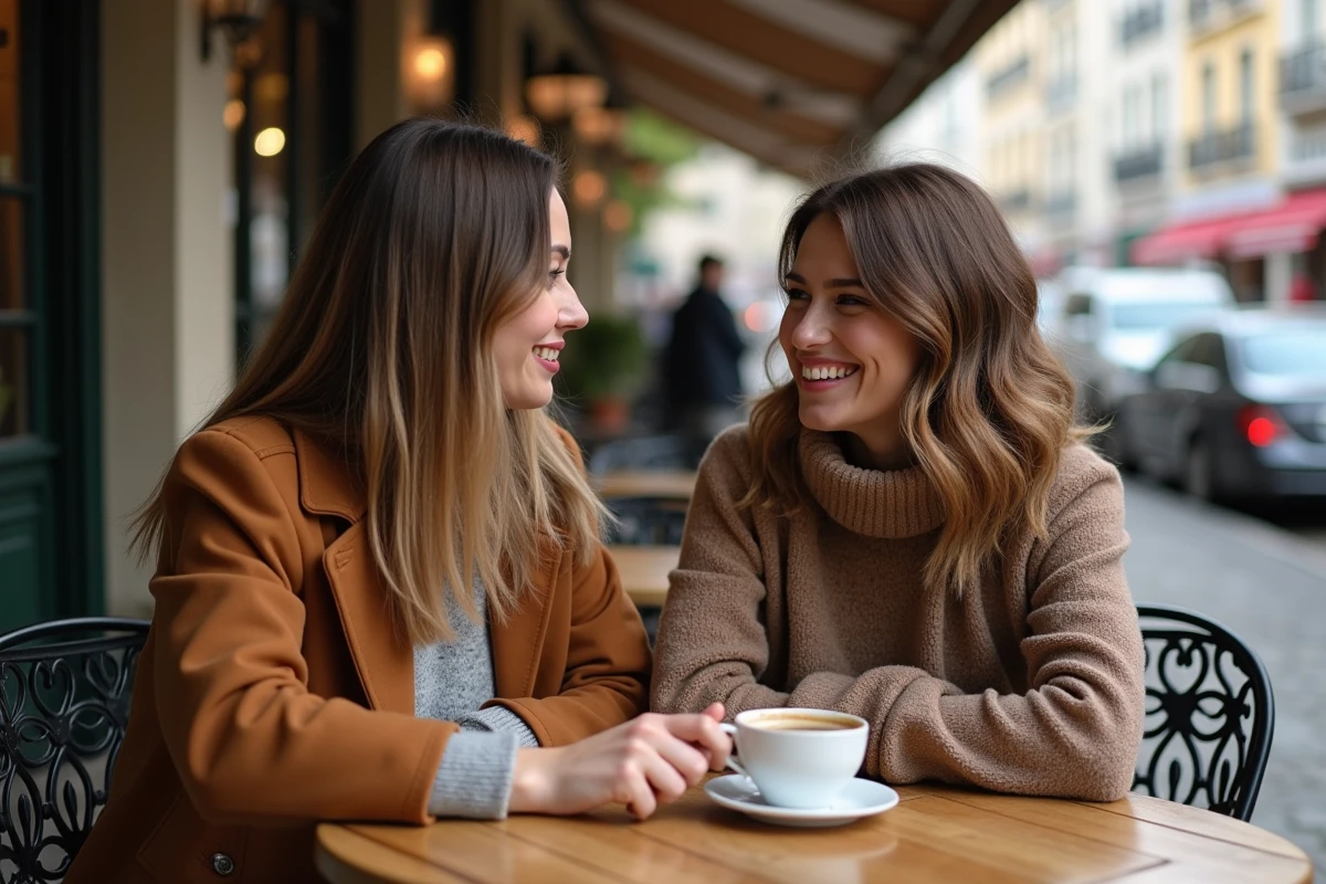 Deux femmes attablées en terrasse de café parisien, l'une aux cheveux longs et l'autre arborant une coupe carré mi-long, illustrant la transition progressive vers cette tendance coiffure