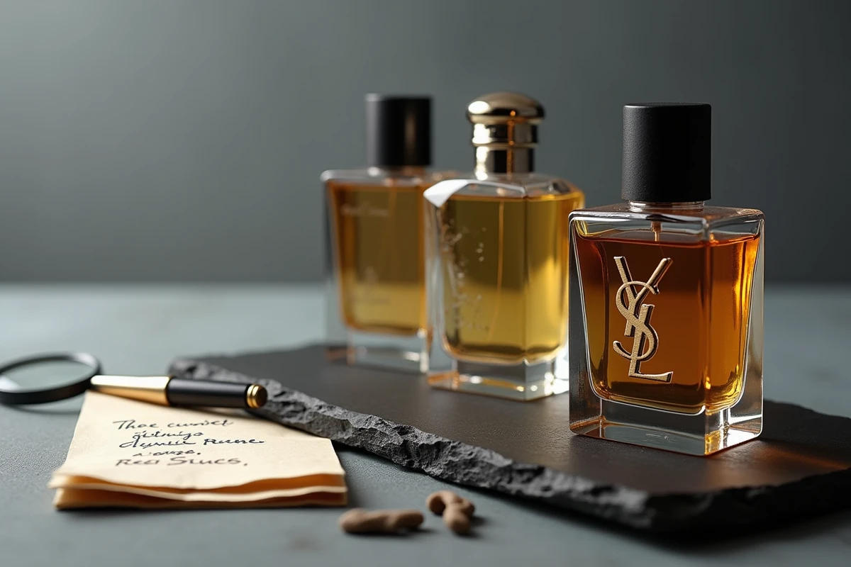 Comparaison de flacons de parfum de différentes gammes de prix sur une surface en ardoise, questionnant la valeur réelle du logo de marque