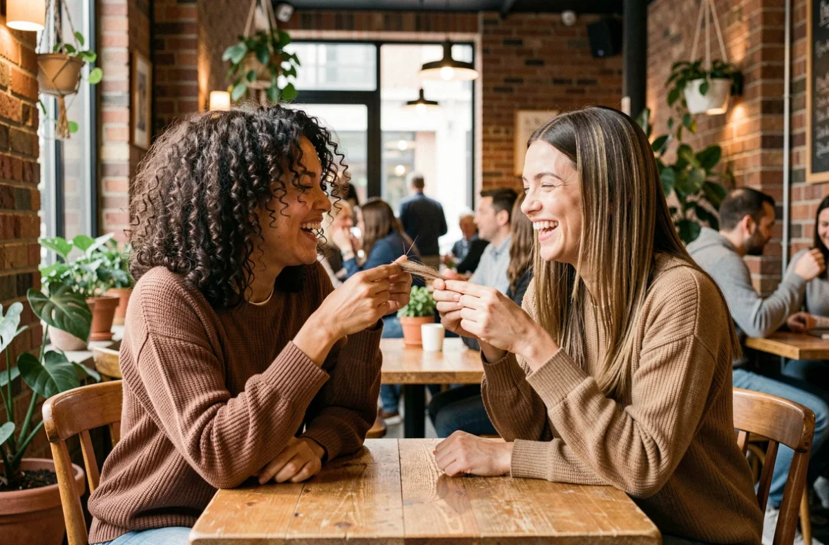 Deux femmes comparant leurs cheveux bouclés et lisses dans un café, illustrant le choix entre lissage brésilien et permanente