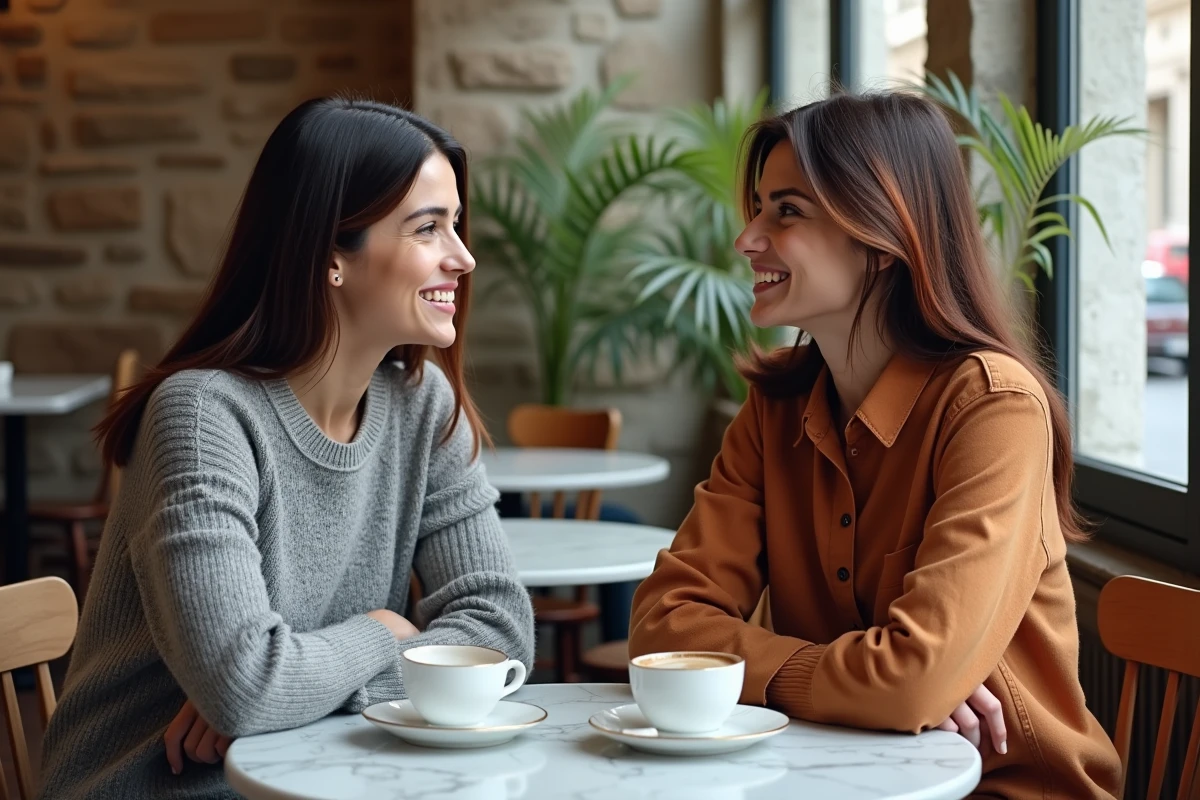 Comparaison de mèches discrètes et contrastées sur brune dans un café parisien chaleureux