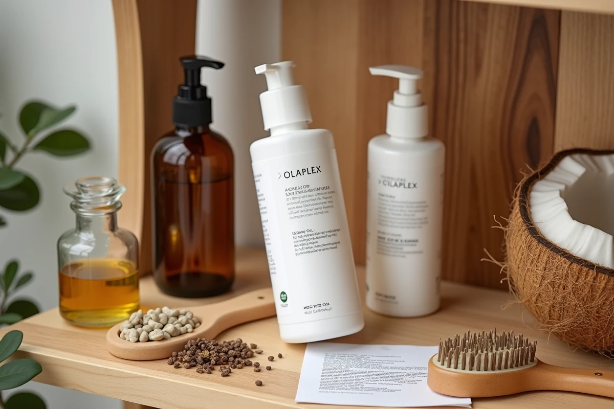 Comparaison à plat entre un flacon Olaplex et des alternatives naturelles pour les soins capillaires comme l'huile d'argan et l'huile de coco