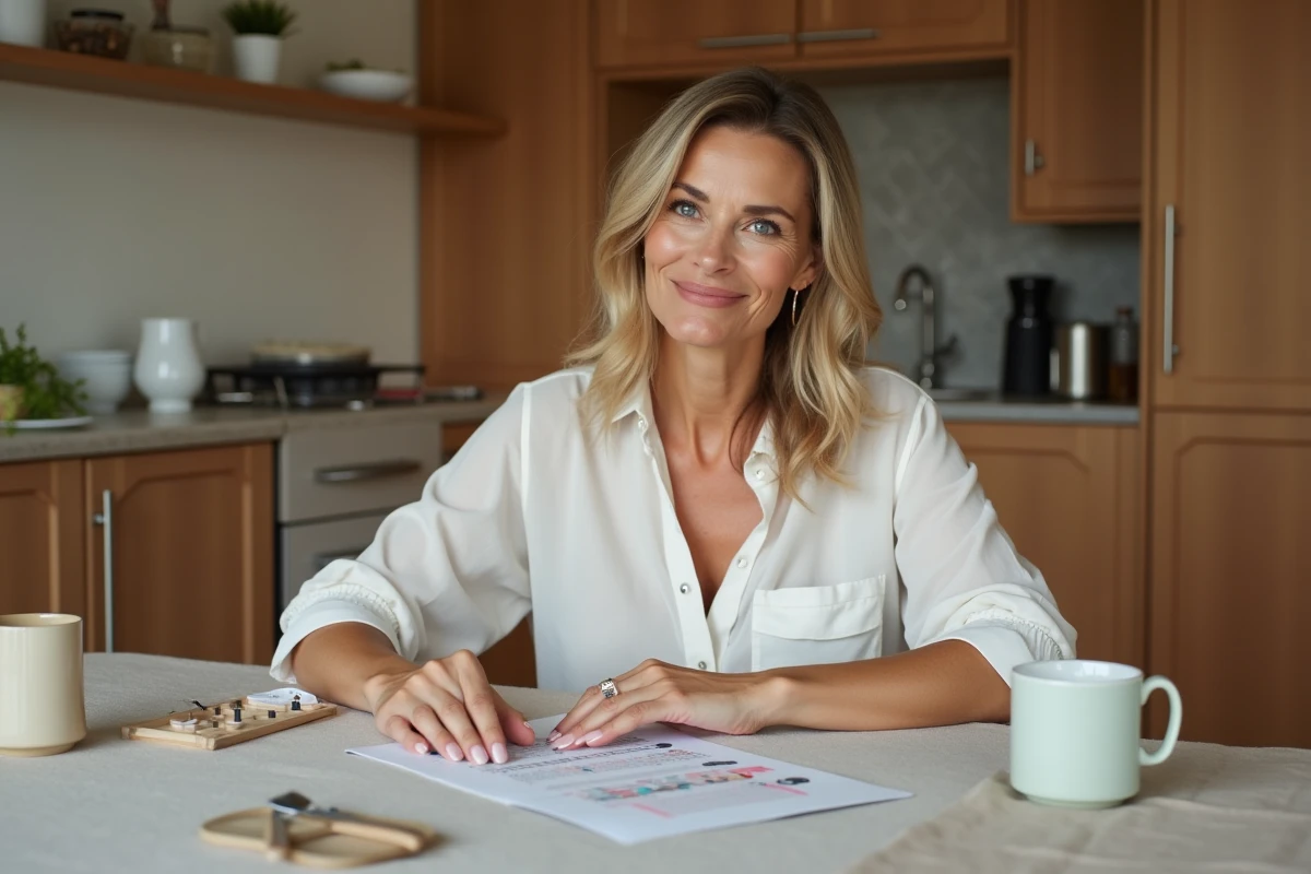Femme comparant ses ongles en porcelaine faits maison à une palette professionnelle dans sa cuisine