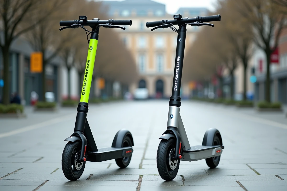 Comparaison de deux trottinettes électriques côte à côte sur une place urbaine