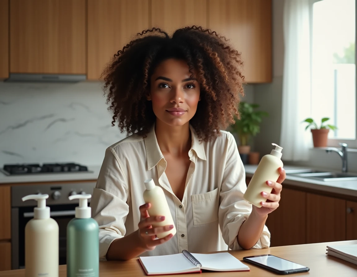 Femme aux cheveux bouclés comparant deux crèmes coiffantes bon marché à la maison avec un carnet de notes