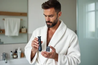 Homme en robe de chambre comparant une lame de remplacement OneBlade 360 avec son rasoir Philips dans une salle de bain moderne