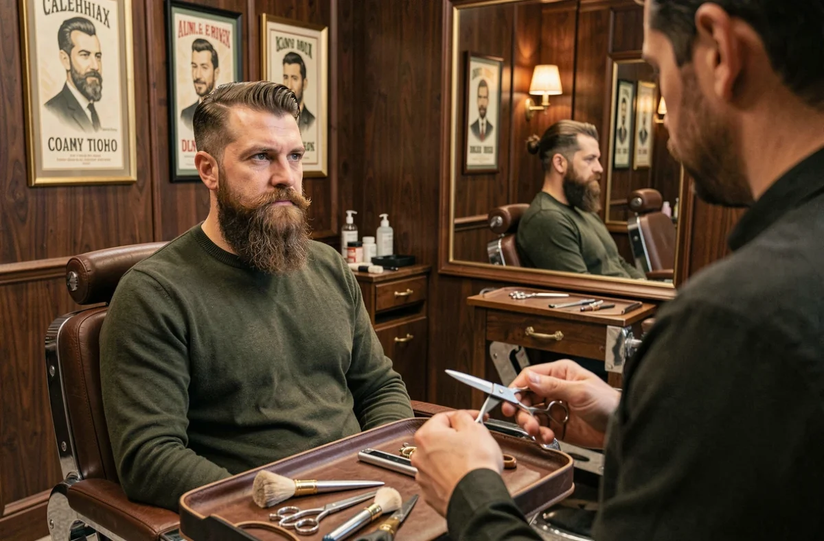 Homme en consultation chez un barbier professionnel pour adapter la coupe de sa barbe longue à son visage oblong