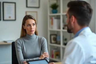 Femme consultant un chirurgien plasticien spécialisé en reprise de blépharoplastie dans un cabinet médical moderne