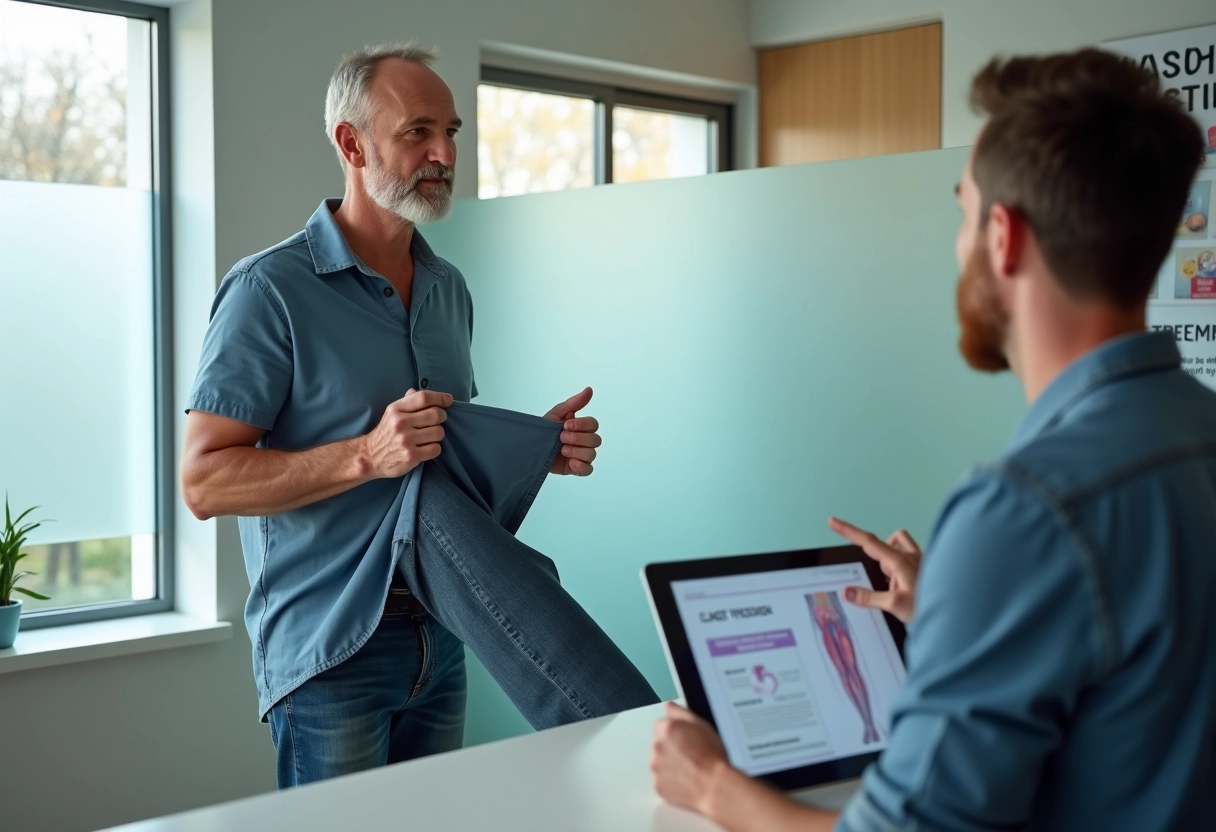 Homme montrant sa jambe à un spécialiste en consultation