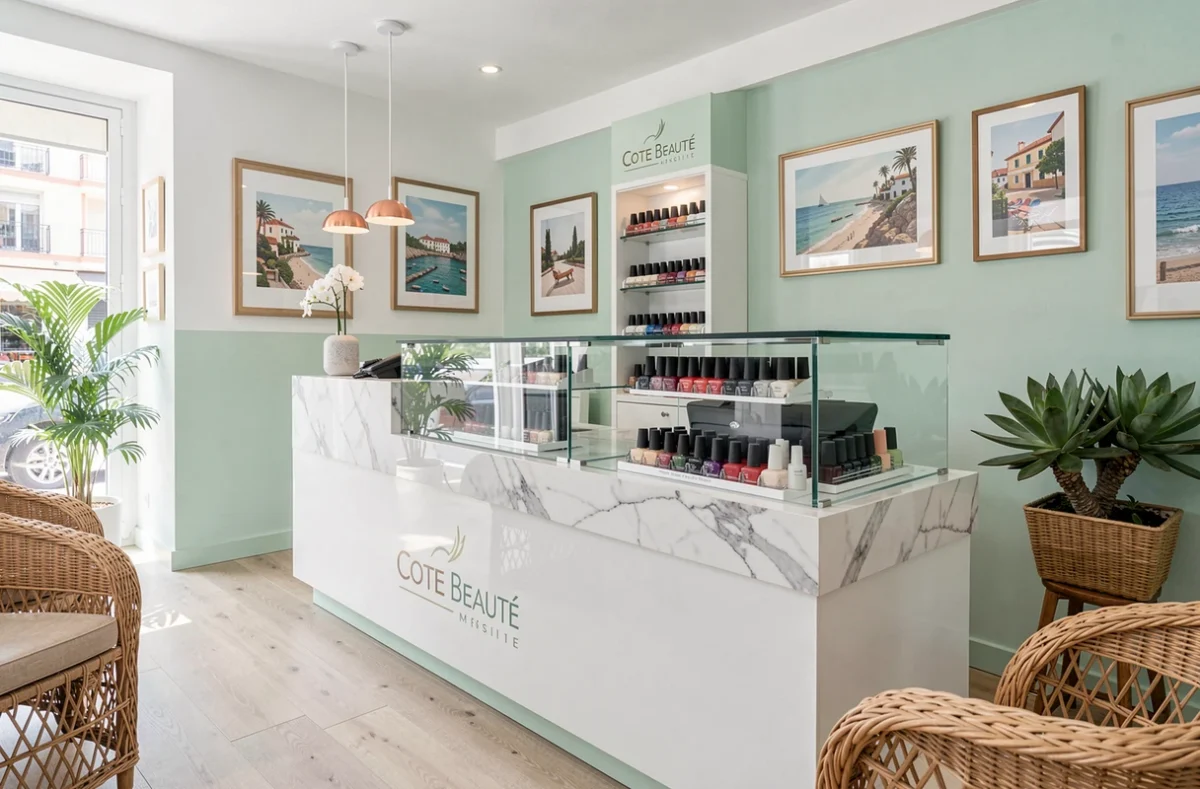 Salon Cote Beauté à Marseille avec accueil en marbre et décor côtier blanc et vert d'eau