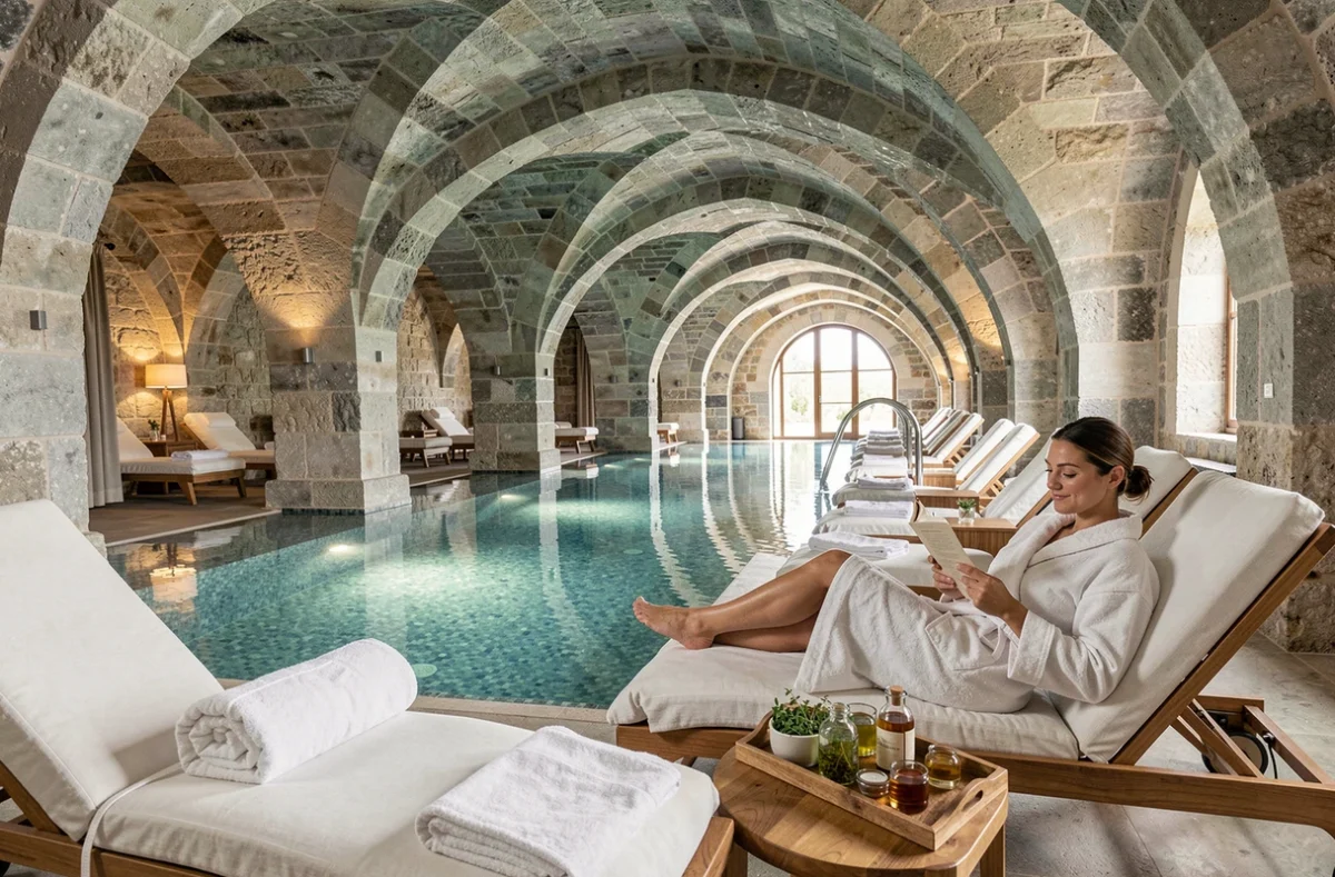 Piscine intérieure voûtée et espace détente du spa de La Côte Saint-Jacques à Joigny