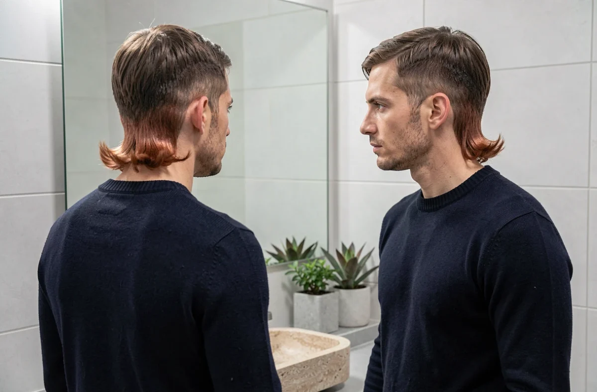 Jeune homme avec coupe mulet bicolore brun et cuivré s'examinant dans un miroir de salle de bain contemporaine