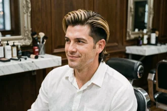 Homme aux cheveux mi-longs en coupe mulet avec balayage caramel discret assis dans un fauteuil de barbershop moderne